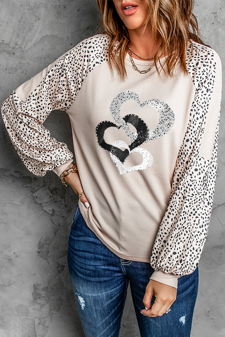 Leopard Heart Color Block Long Sleeve Pullover