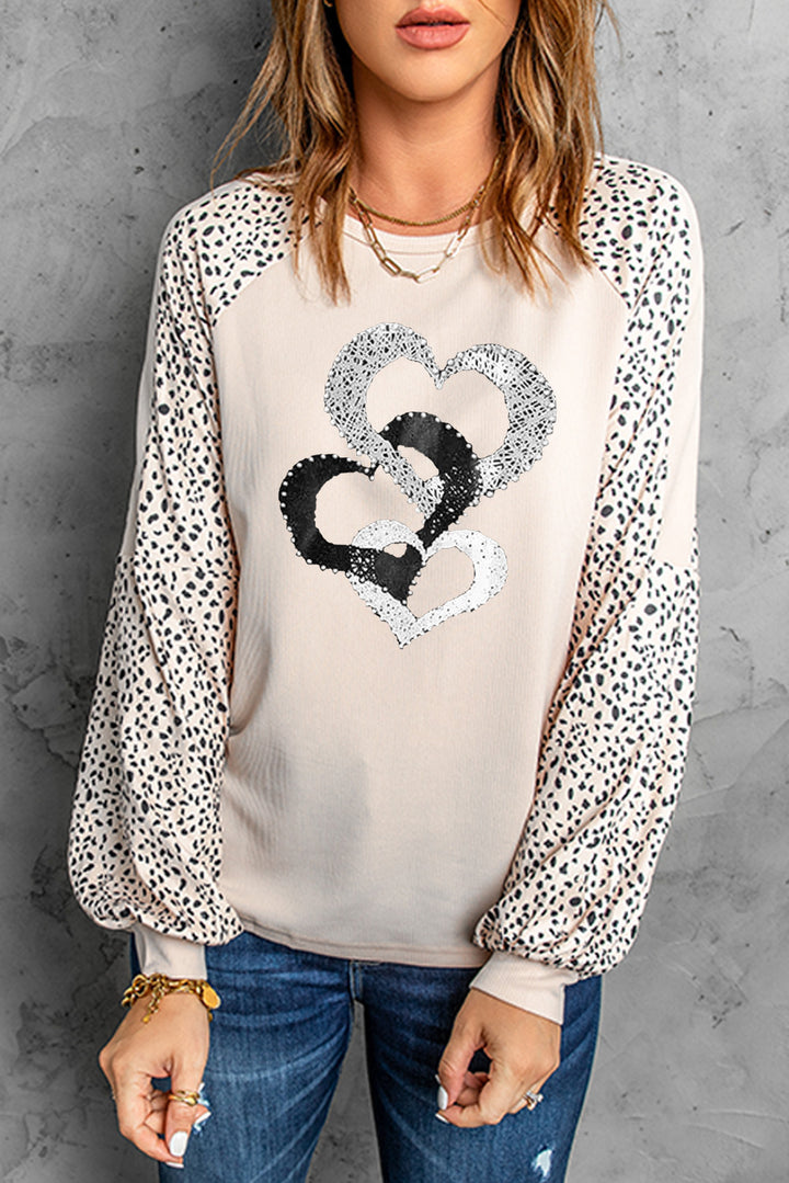 Leopard Heart Color Block Long Sleeve Pullover