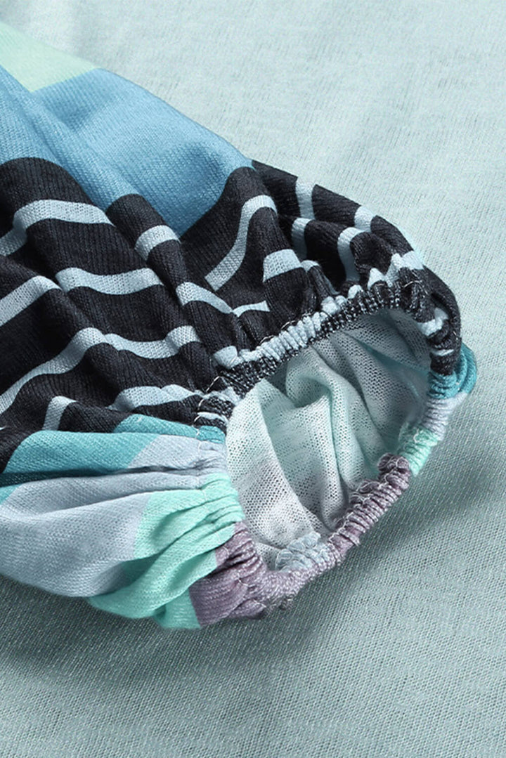 Women Sky Blue Striped Colorblock Long Sleeve Knit Top