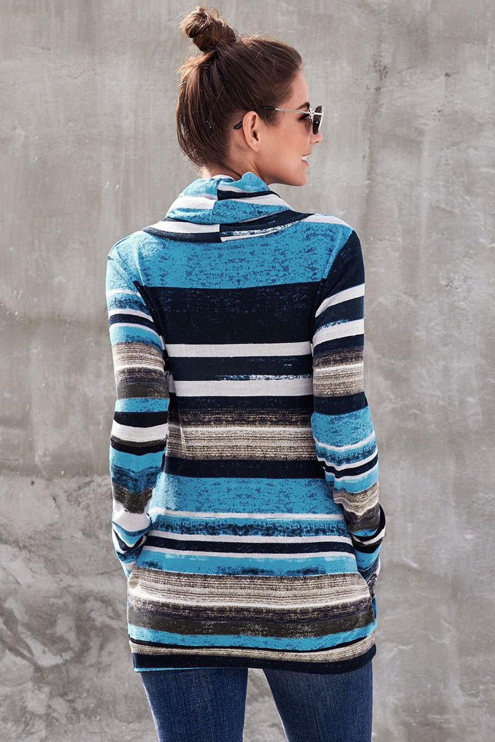 Casual Blue Multicolor Cowl Neck Striped Long Sleeve Sweatshirt