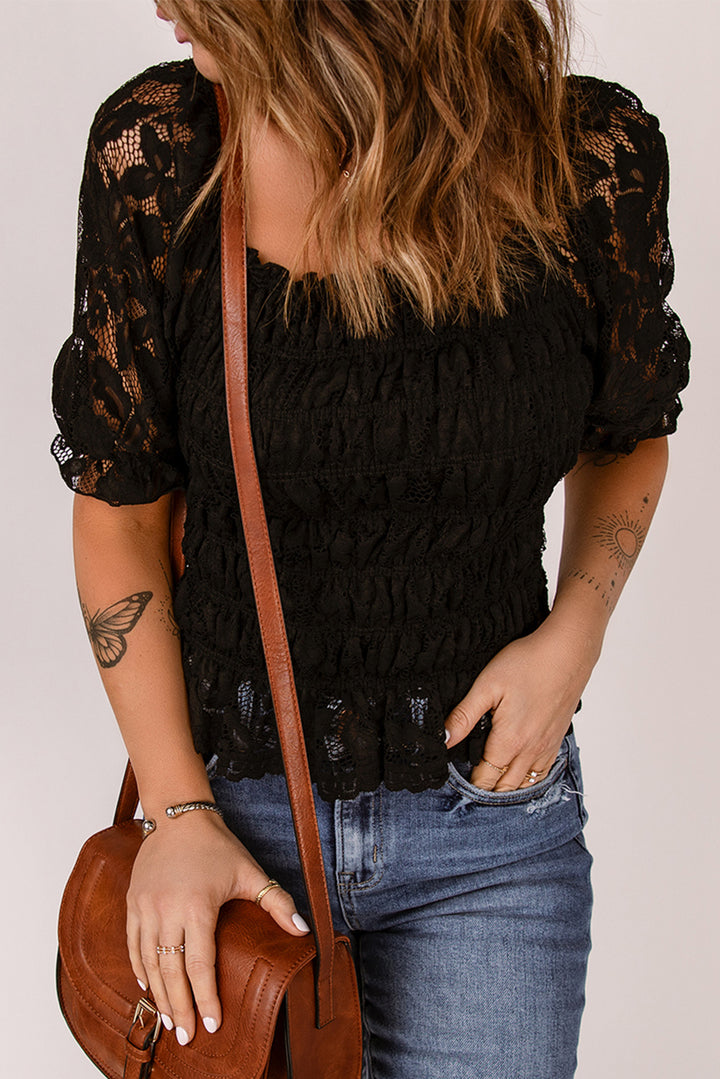 Black Lace Ruffled Shirred Square Neck Short Sleeve Top