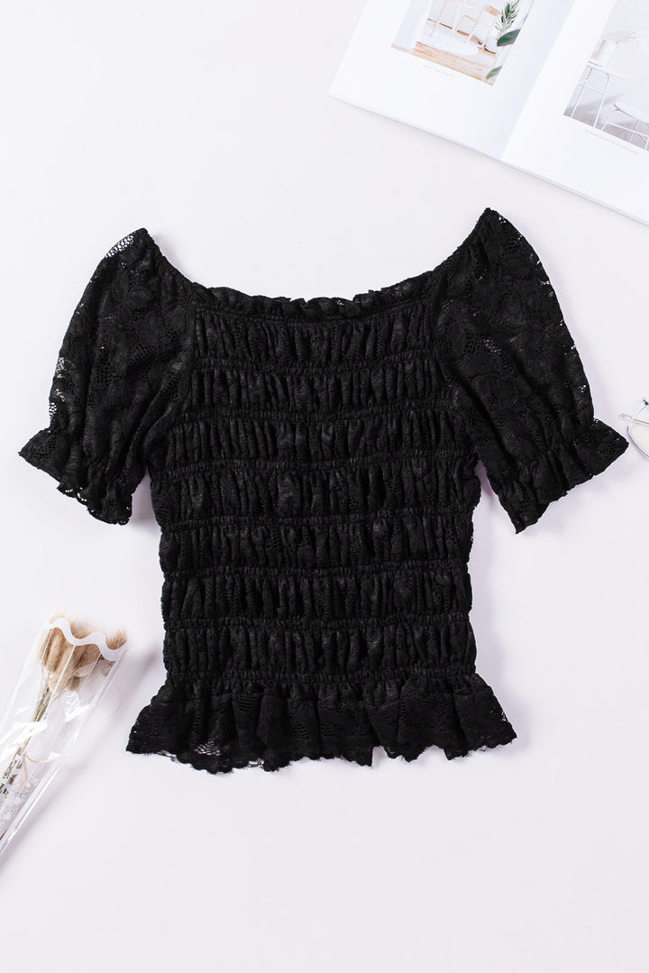 Black Lace Ruffled Shirred Square Neck Short Sleeve Top