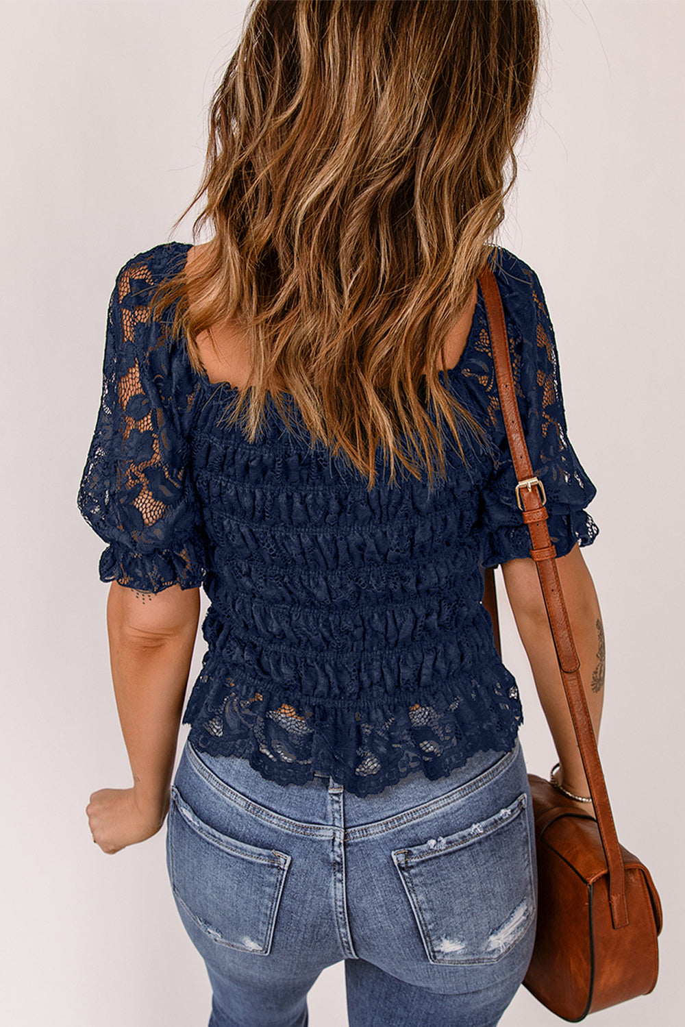 Chic Blue Lace Ruffled Shirred Square Neck Top
