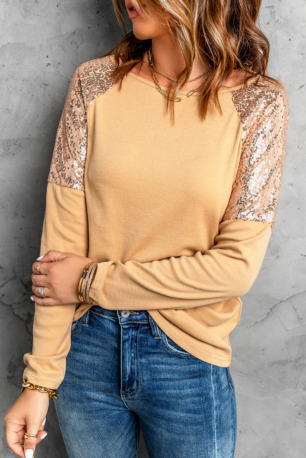 Fashion Apricot Sequin Shoulder Long Sleeve Top