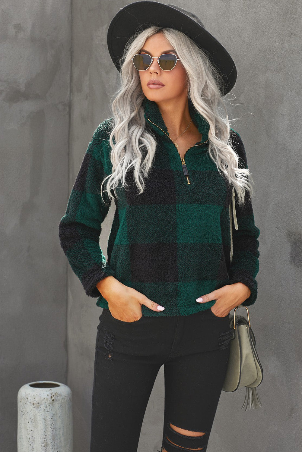 Women's Winter Green Plaid Zip Collar Plush Pullover Sweatshirt