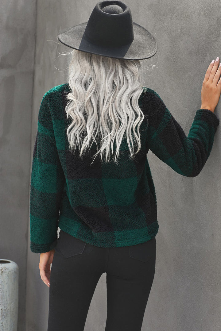 Women's Winter Green Plaid Zip Collar Plush Pullover Sweatshirt