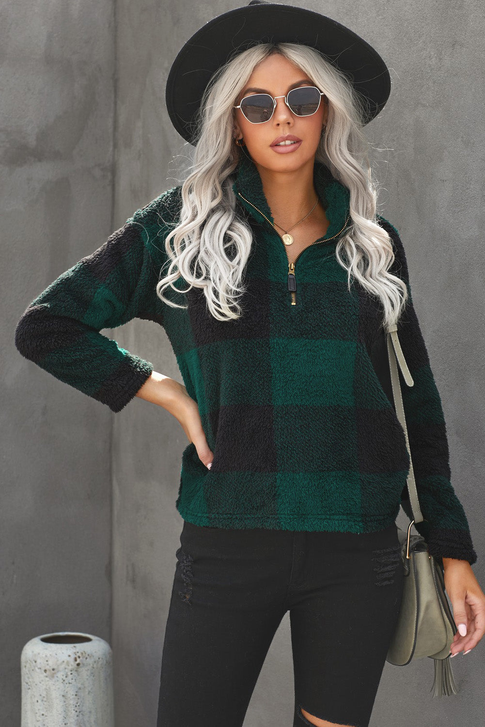 Women's Winter Green Plaid Zip Collar Plush Pullover Sweatshirt