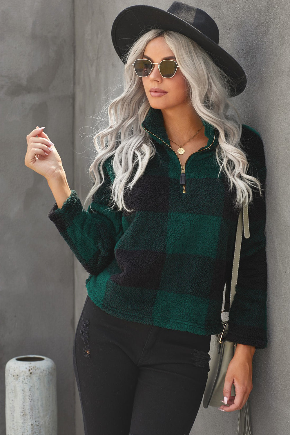 Women's Winter Green Plaid Zip Collar Plush Pullover Sweatshirt