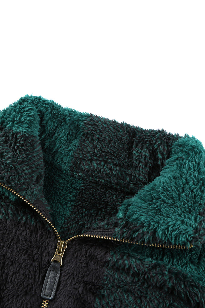 Women's Winter Green Plaid Zip Collar Plush Pullover Sweatshirt