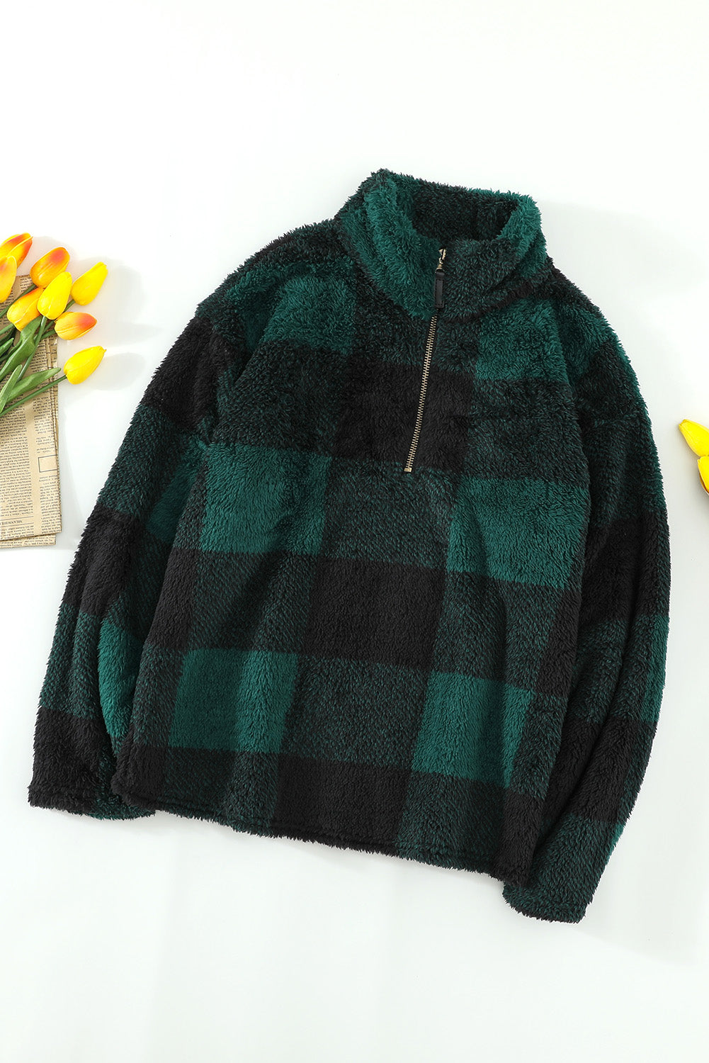Sweat-shirt en peluche à col zippé et à carreaux verts d'hiver pour femmes