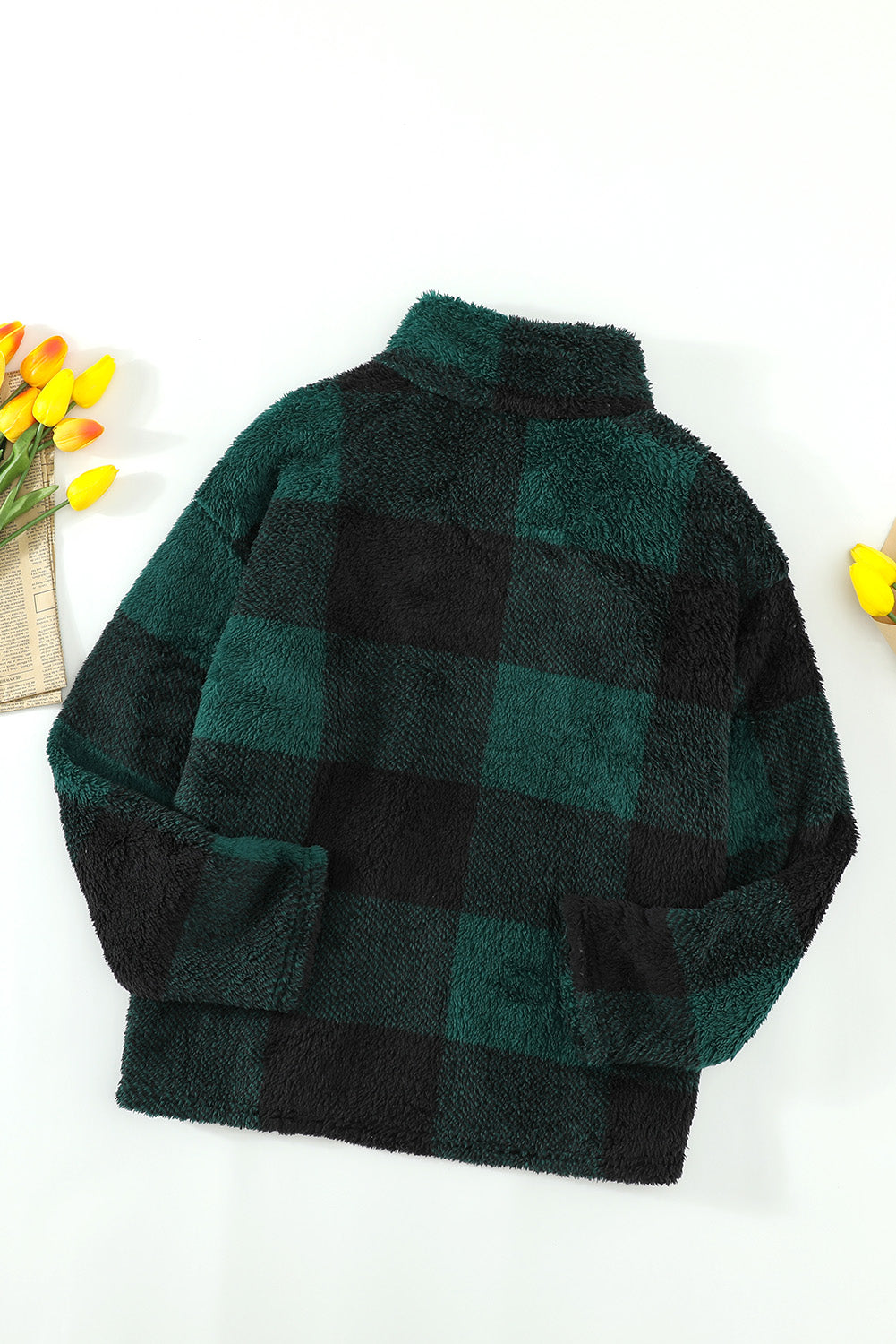Sweat-shirt en peluche à col zippé et à carreaux verts d'hiver pour femmes