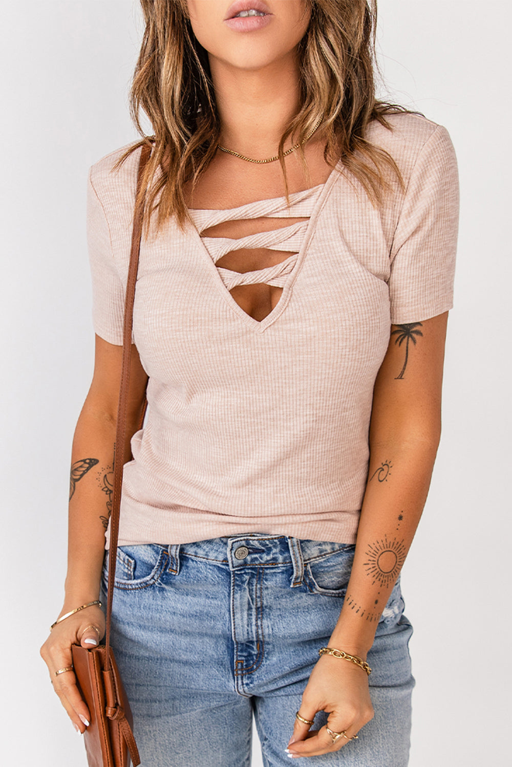 Apricot Strappy Hollow-out Neck Rib Knit T Shirt