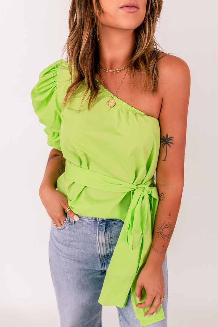 Green Lace-up Puff Sleeve One Shoulder Blouse