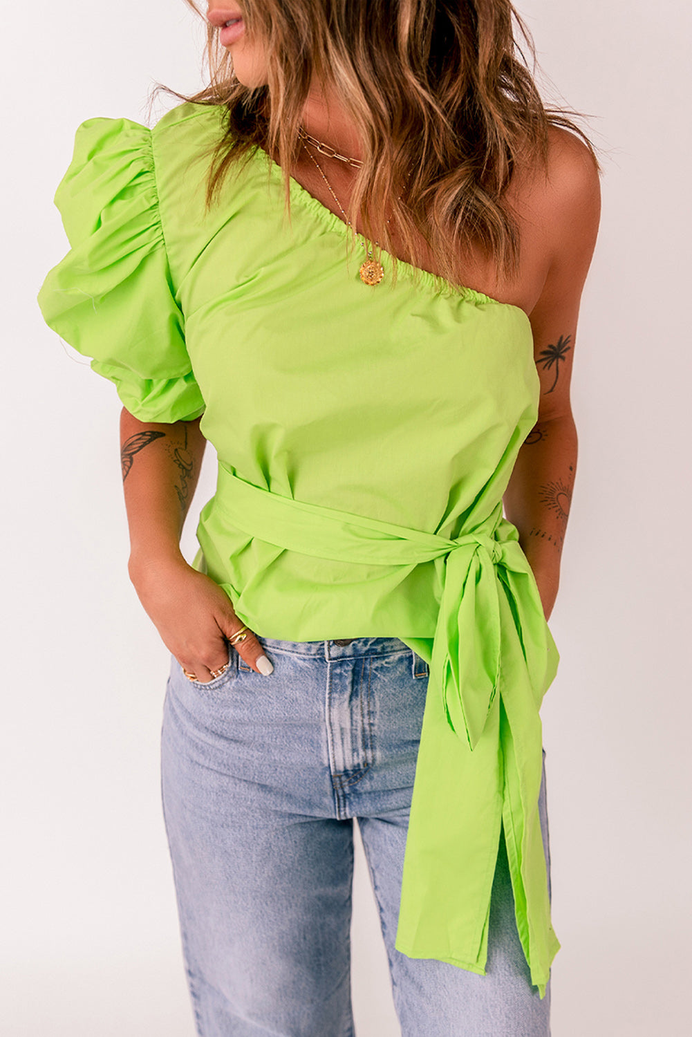 Green Lace-up Puff Sleeve One Shoulder Blouse