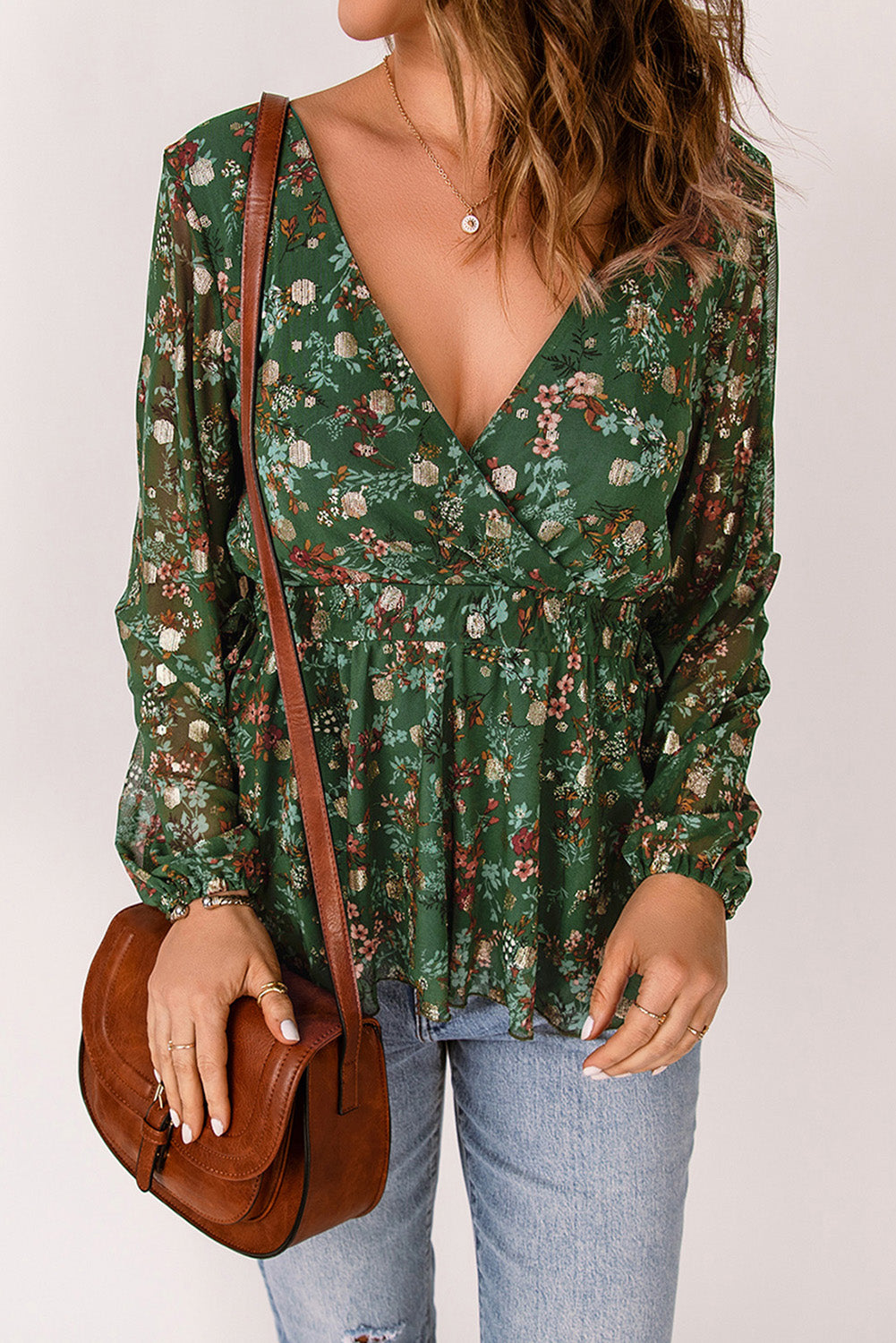 Green Floral Print Wrap V Neck Long Sleeve Peplum Top