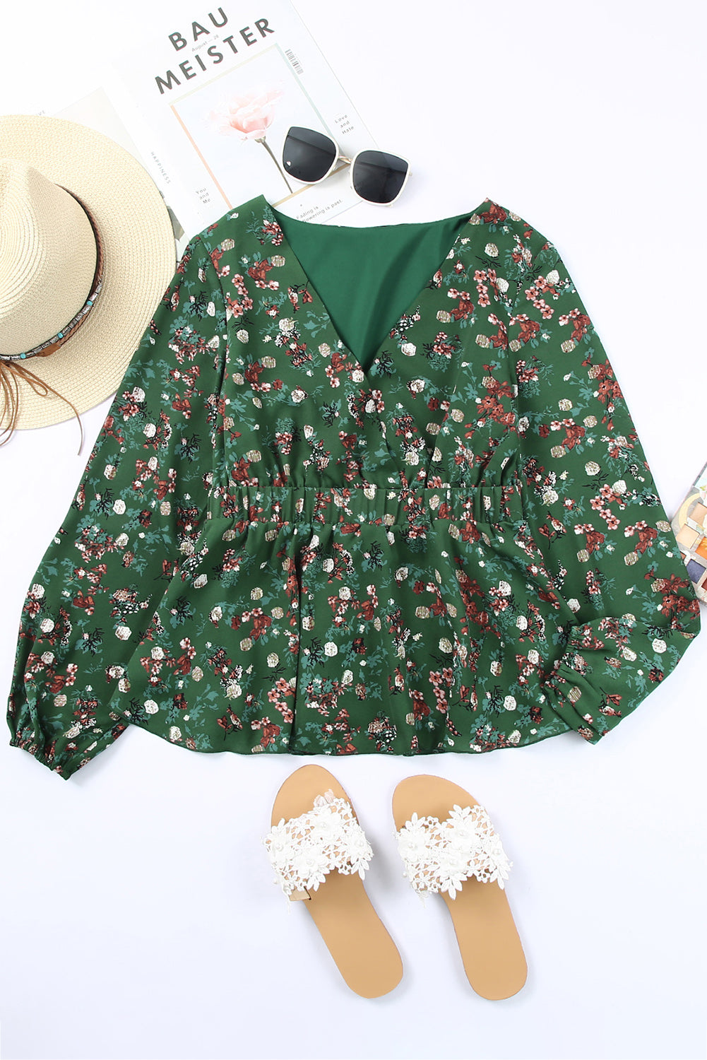 Green Floral Print Peplum Top