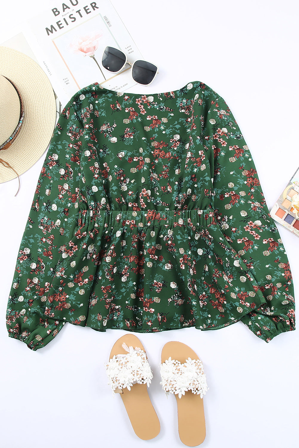 Green Floral Print Peplum Top