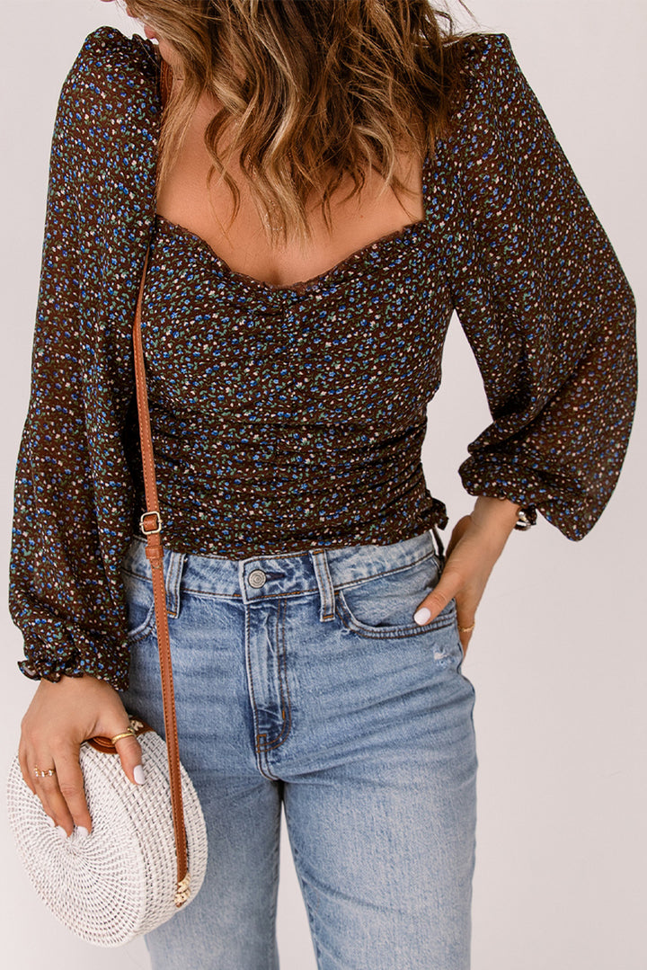 Brown Floral Print Square Neck Puff Sleeve Blouse