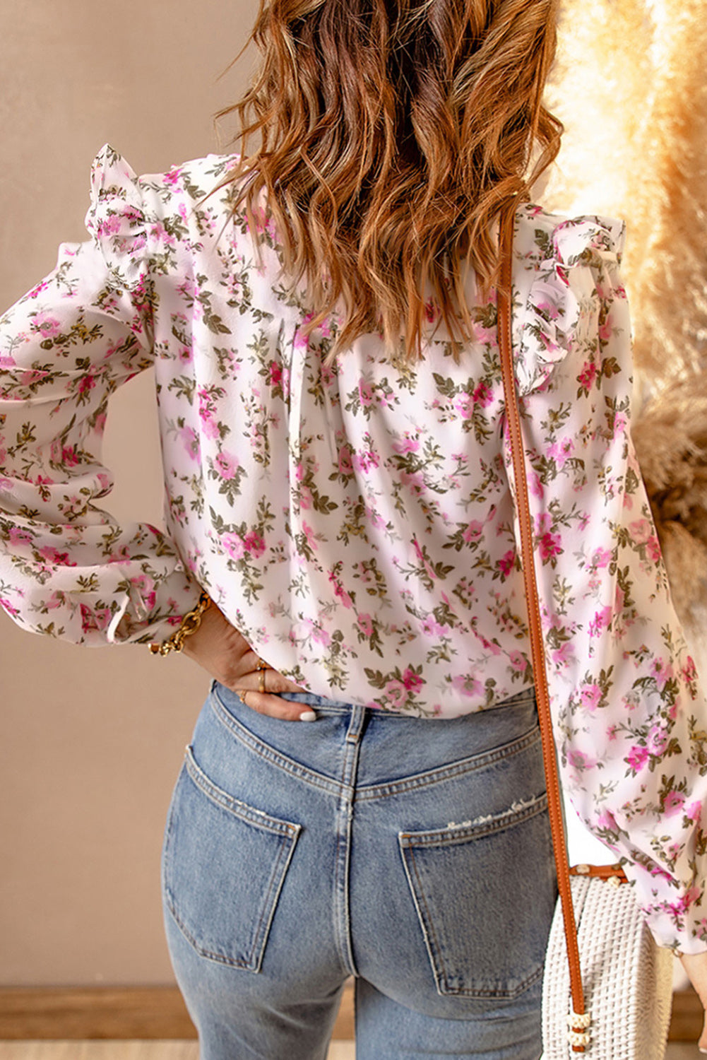 Pink Surplice V Neck Puff Sleeve Floral Print Blouse