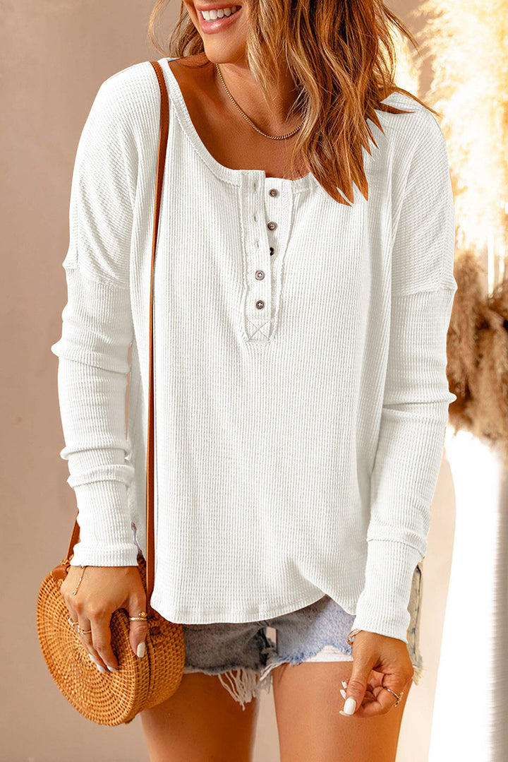 Comfy White Long Sleeve Waffle Knit Henley Top