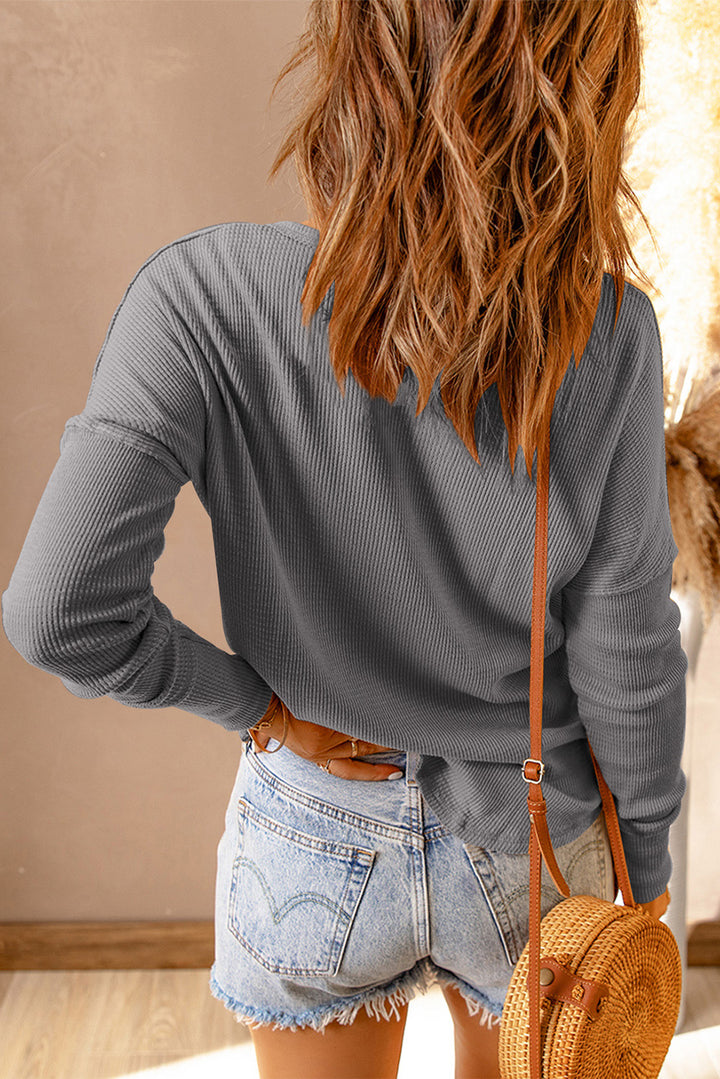Gray Subtle Waffle Knit Button Up Long Sleeve Top