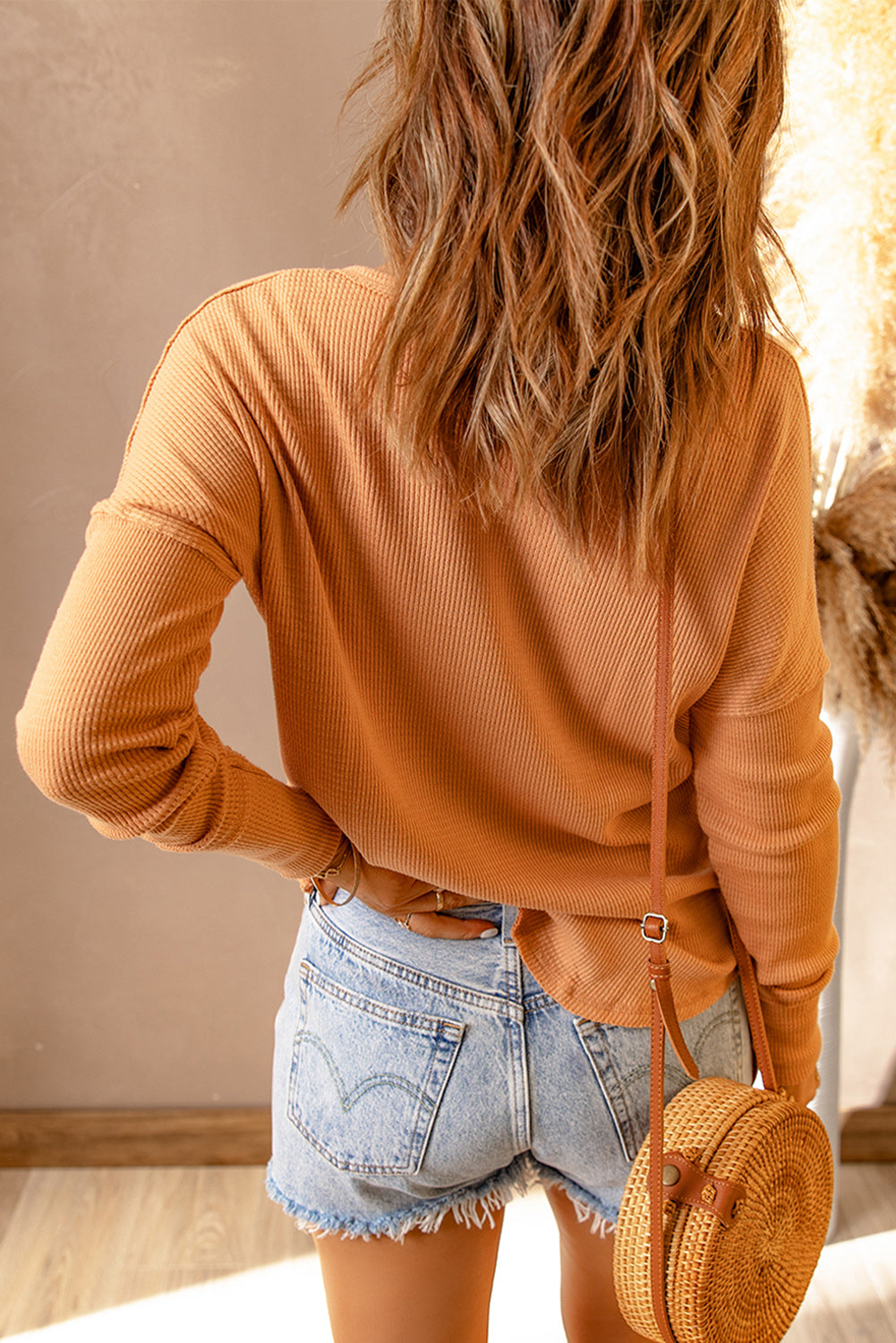 Orange Long Sleeve Waffle Knit Henley Top