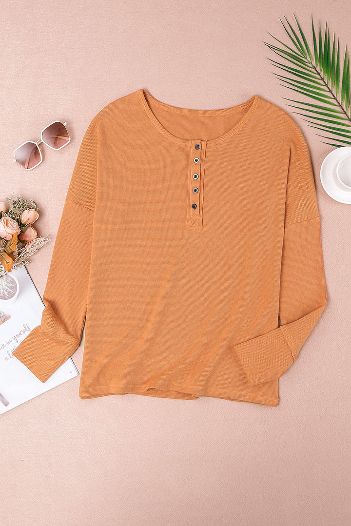 Orange Long Sleeve Waffle Knit Henley Top