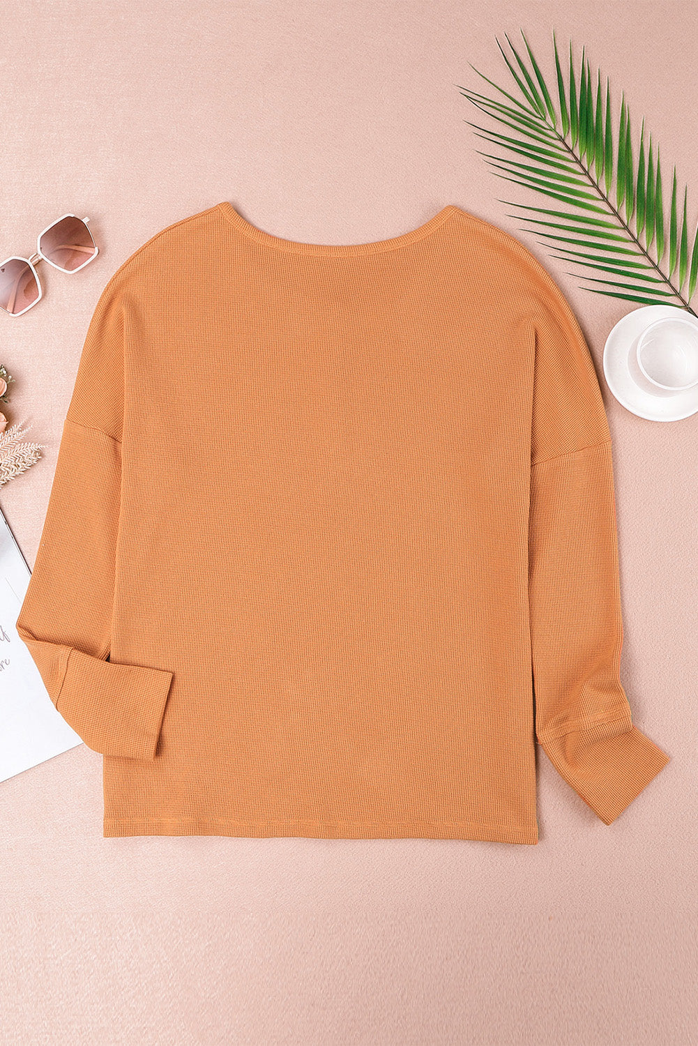 Orange Long Sleeve Waffle Knit Henley Top