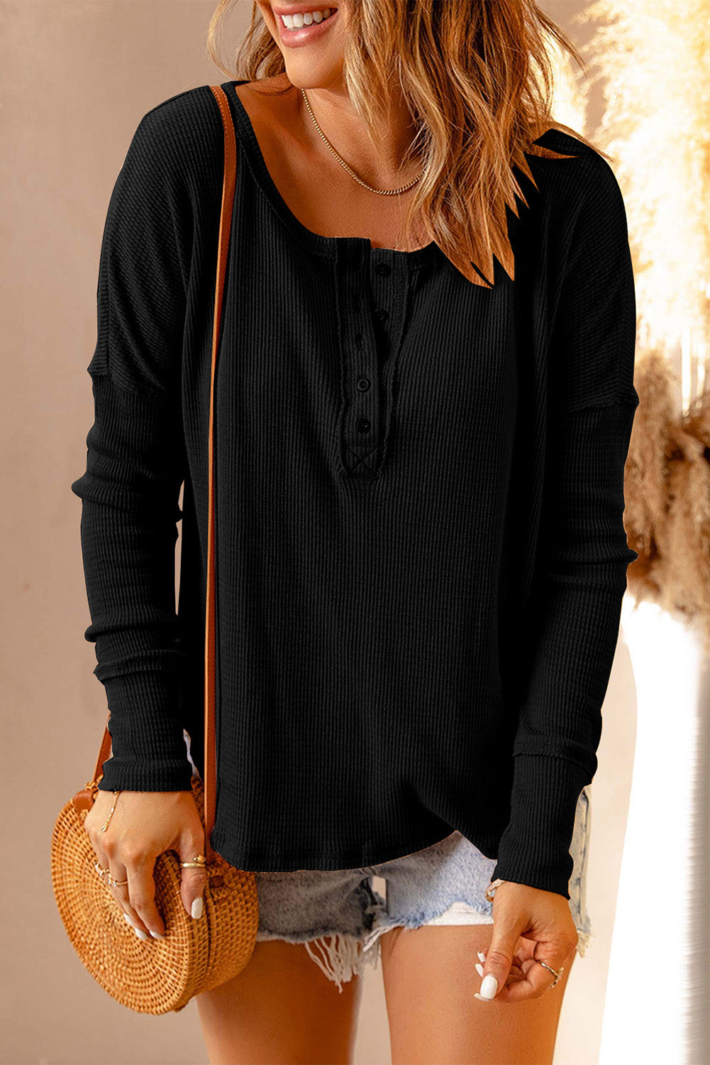 Casual Black Waffle Knit Henley Top
