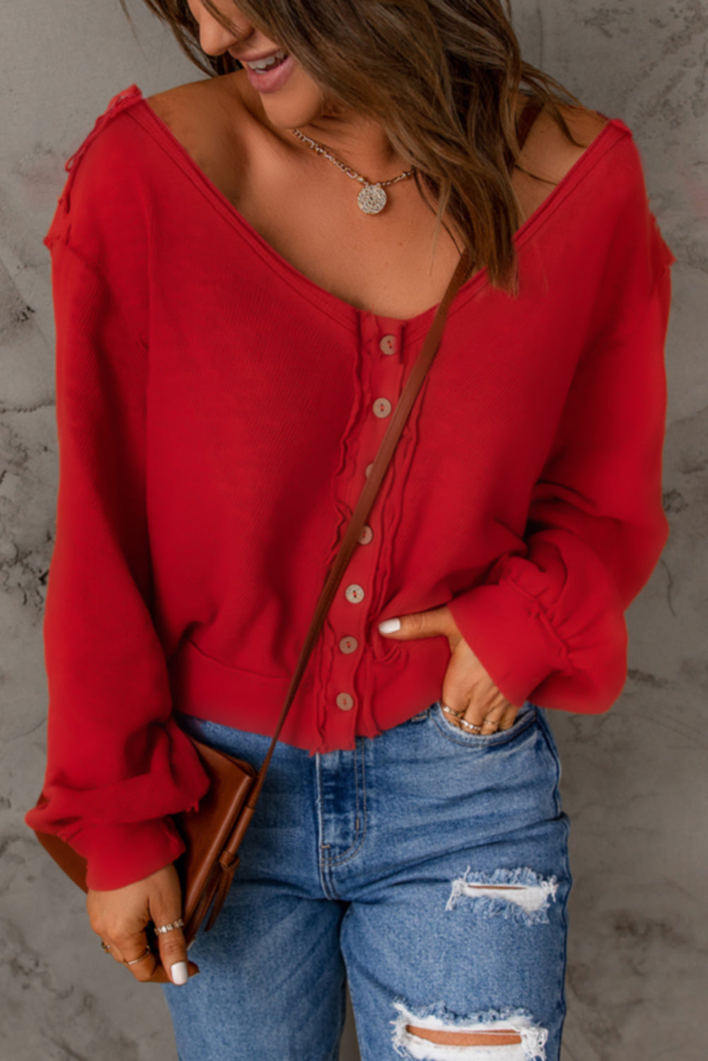 Red Button Front Distressed Knit Patched Top