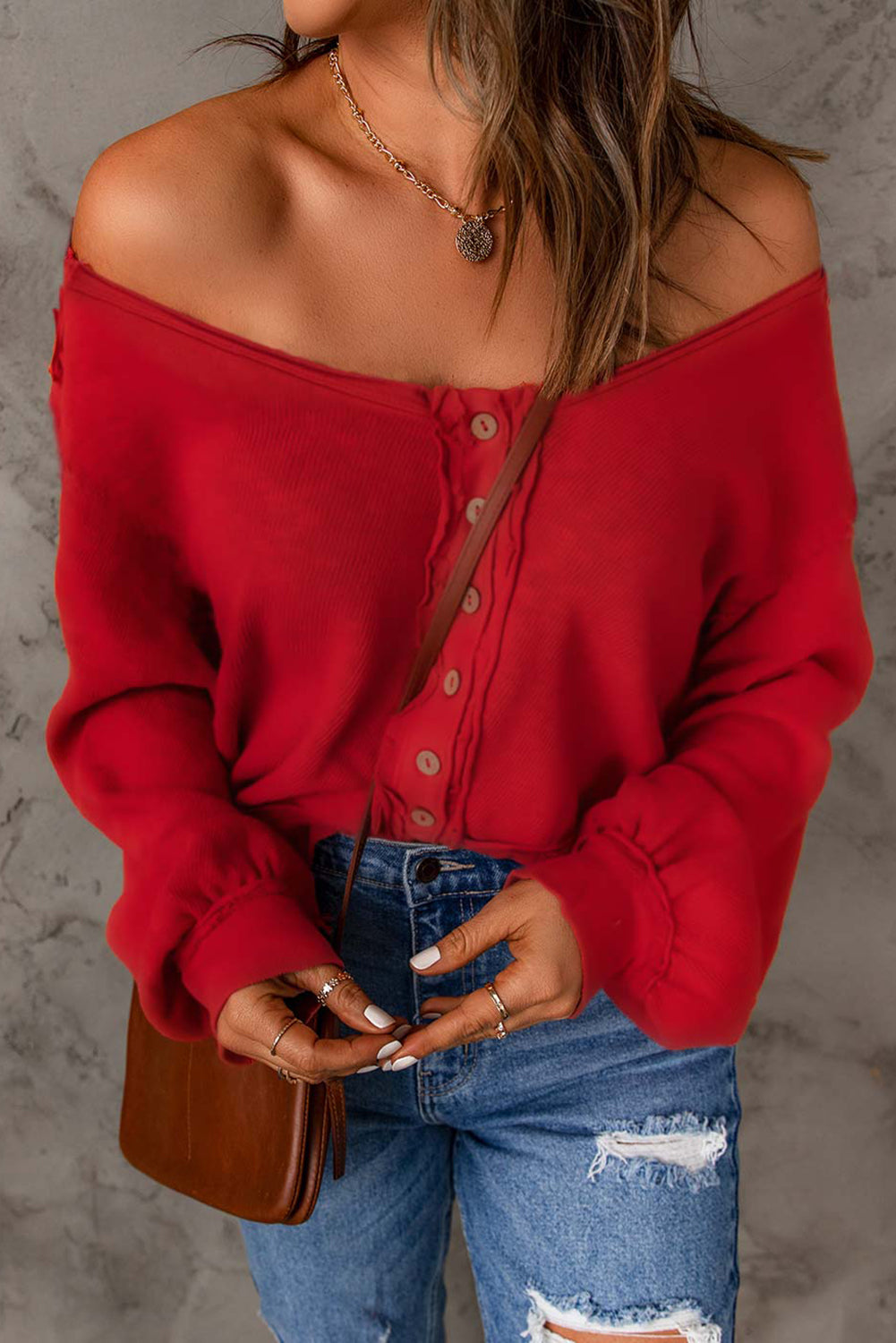 Red Button Front Distressed Knit Patched Top