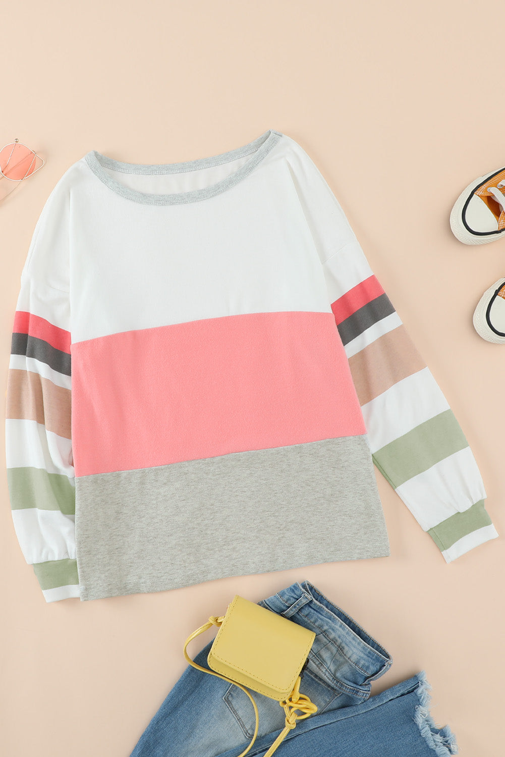 Pink Oversized Colorblock Patchwork Long Sleeve Top