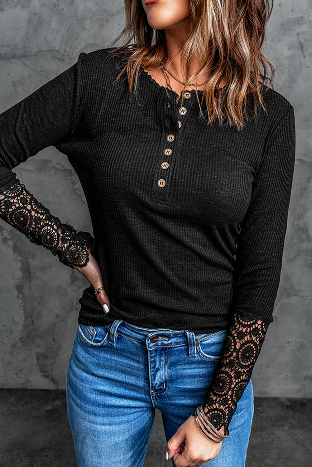 Chic Black Crochet Lace Hem Sleeve Button Top