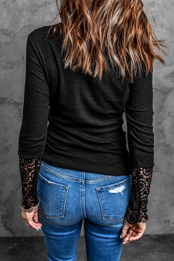 Chic Black Crochet Lace Hem Sleeve Button Top