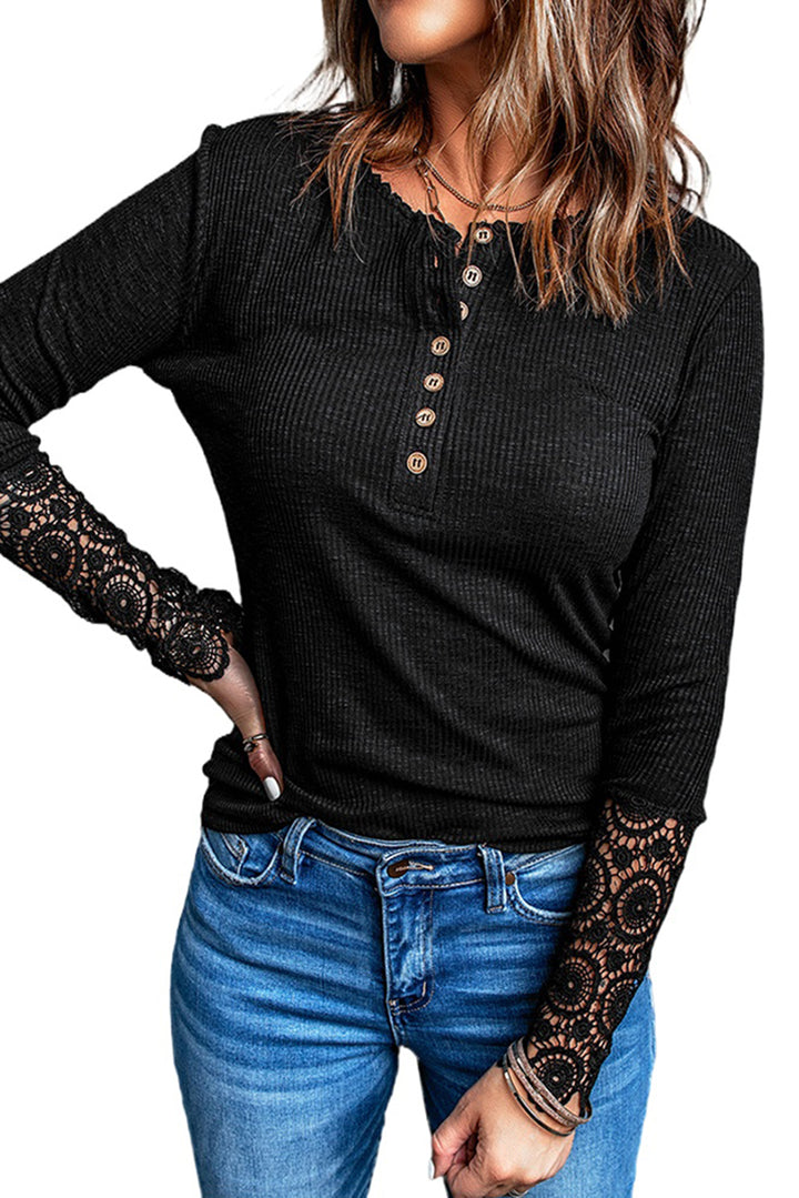 Chic Black Crochet Lace Hem Sleeve Button Top