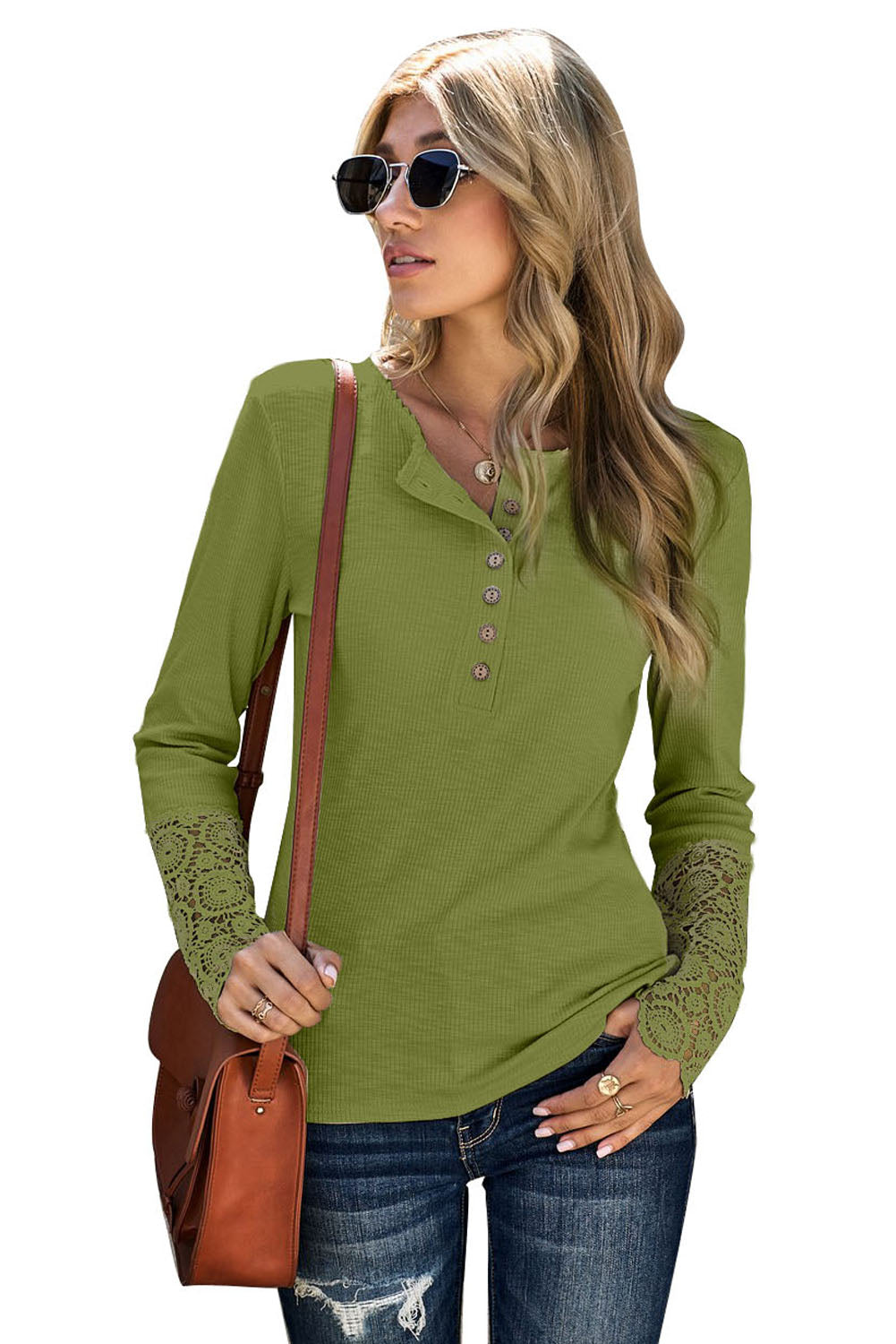 Women's Green Crochet Lace Hem Sleeve Button Casual Top