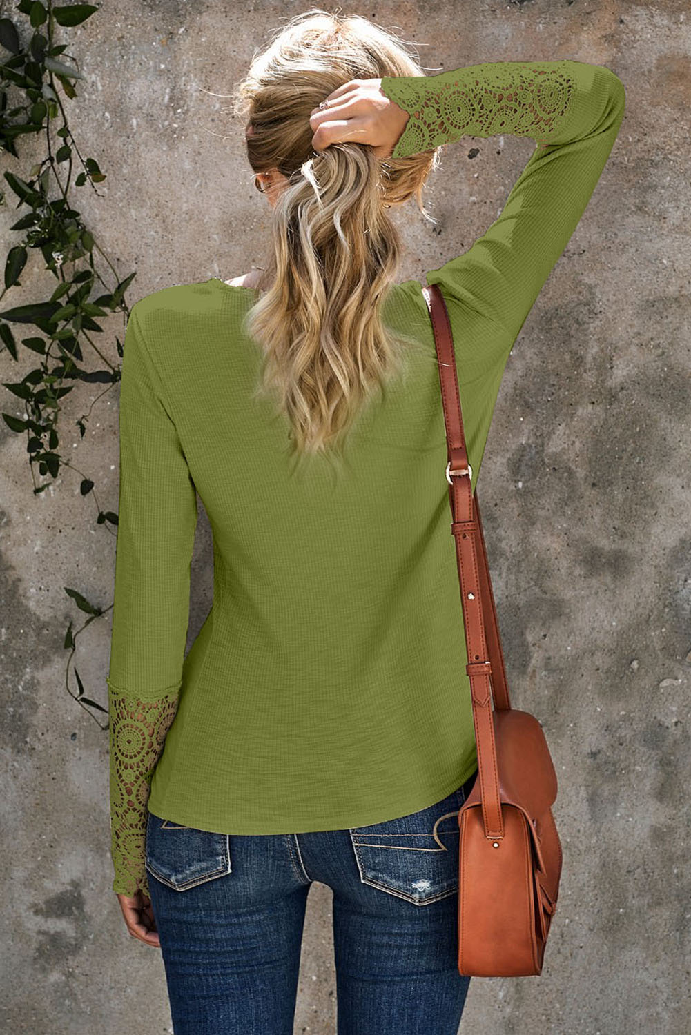 Women's Green Crochet Lace Hem Sleeve Button Casual Top
