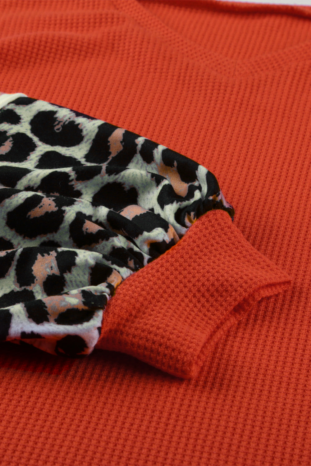 Red V Neck Lantern Sleeve Leopard Stripe Splice Long Sleeve Top