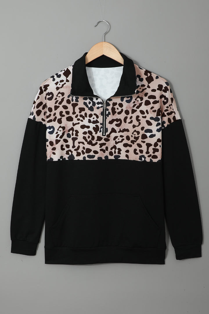 Casual Leopard Black Zip Stand Collar Dropped Sleeve Sweatshirt