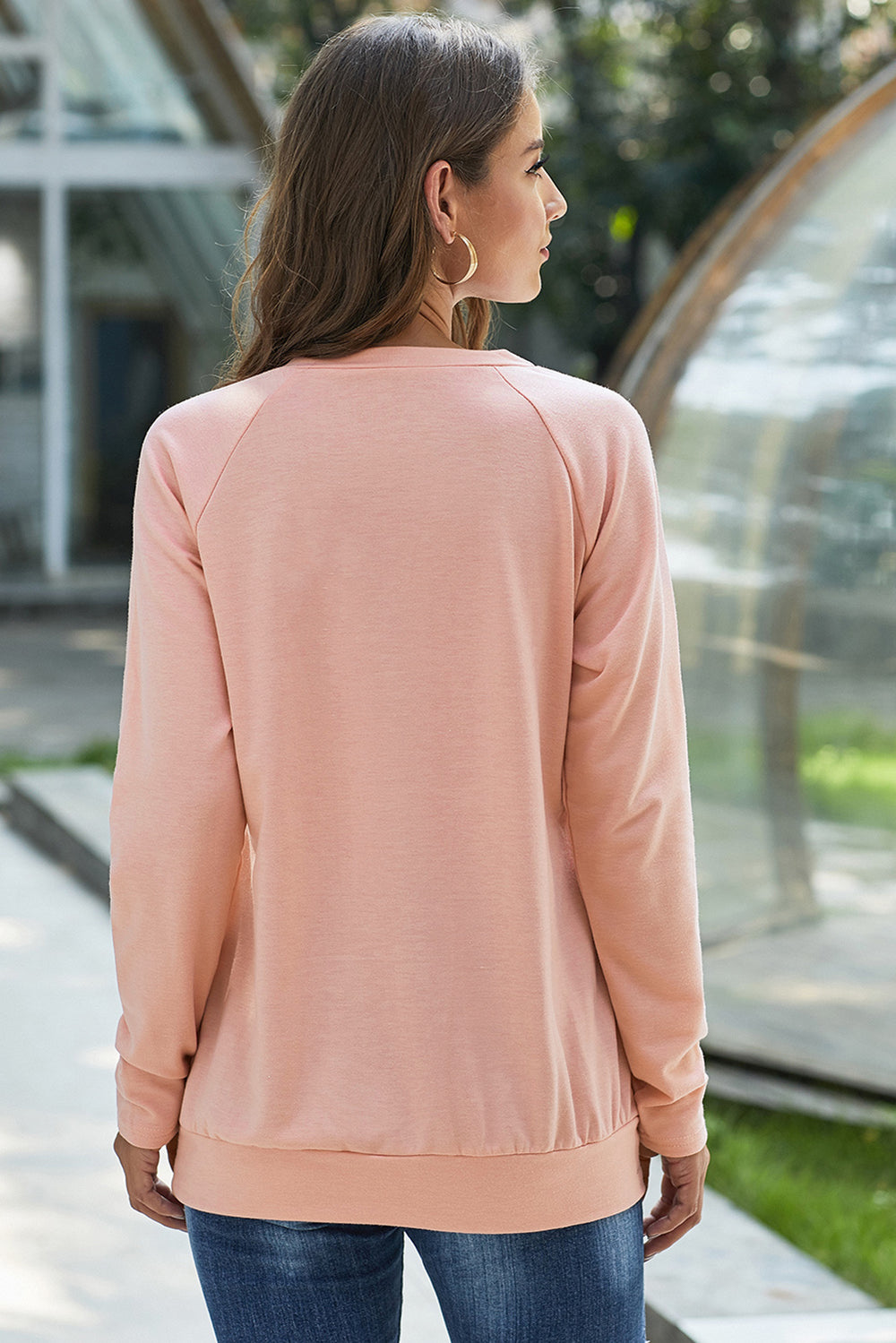 Women Gold Zip Detail Pink Pullover Sweatshirt