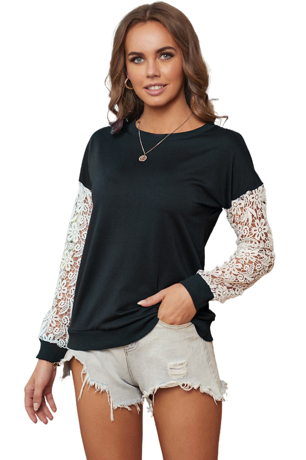 Women's Black Crochet Lace Long Sleeve Top