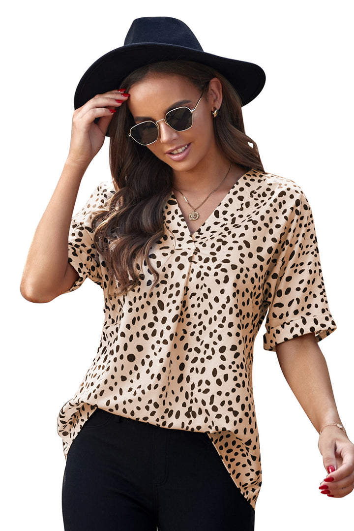 Women's Brown Chloe Animal Print V-neck Rolled Sleeve Tunic Top