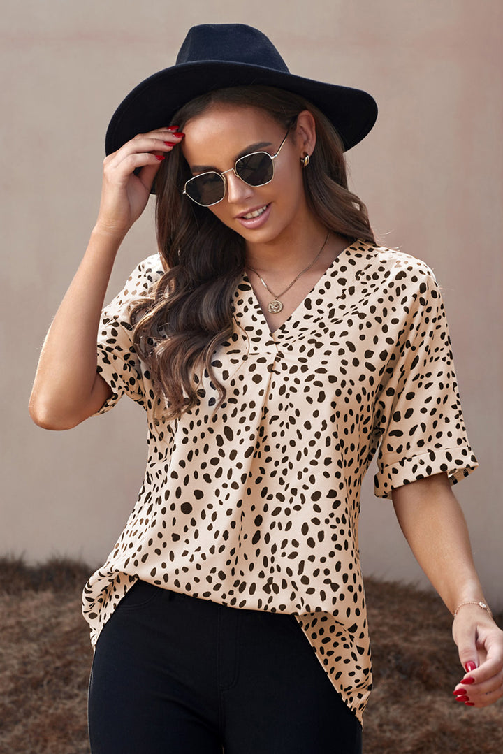 Women's Brown Chloe Animal Print V-neck Rolled Sleeve Tunic Top