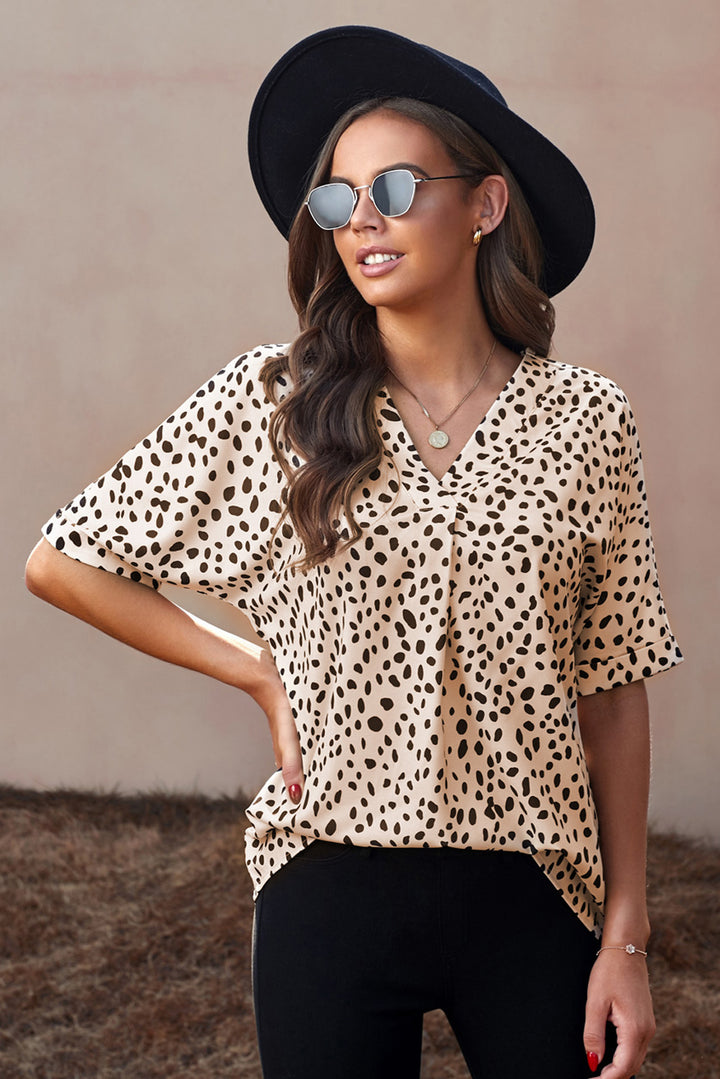 Women's Brown Chloe Animal Print V-neck Rolled Sleeve Tunic Top