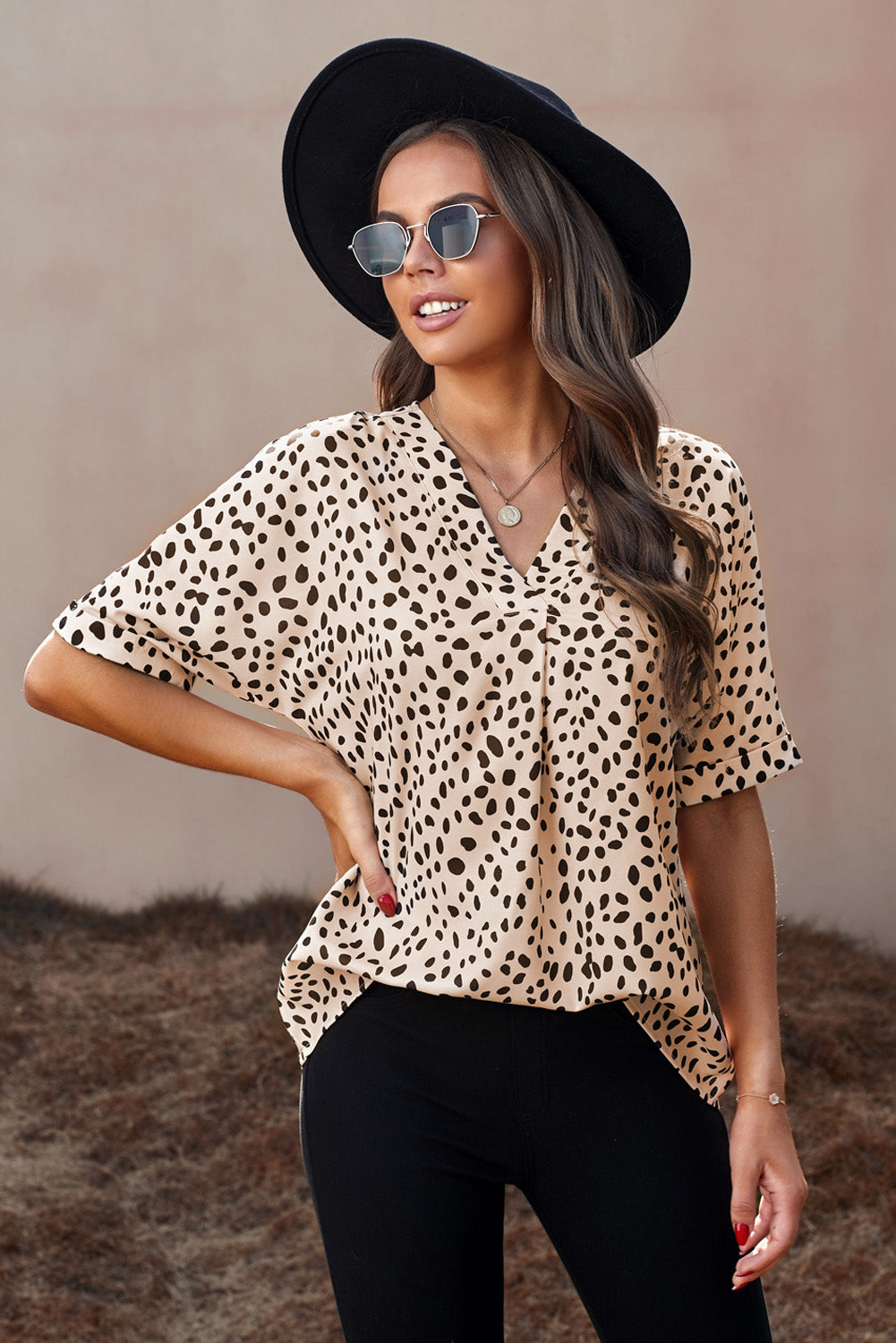 Women's Brown Chloe Animal Print V-neck Rolled Sleeve Tunic Top