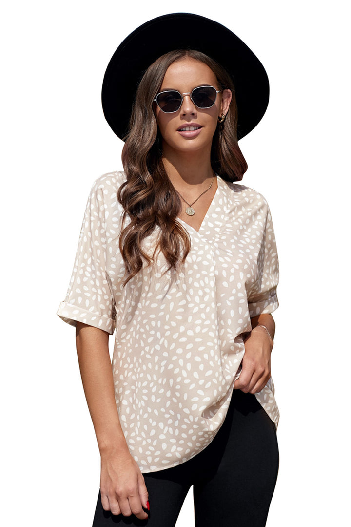 Chic Apricot Chloe Animal Print V-neck Rolled Sleeve Tunic Top