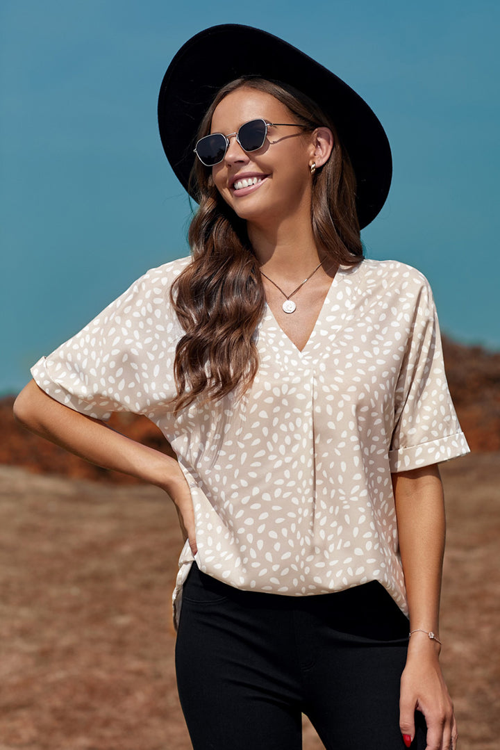 Chic Apricot Chloe Animal Print V-neck Rolled Sleeve Tunic Top
