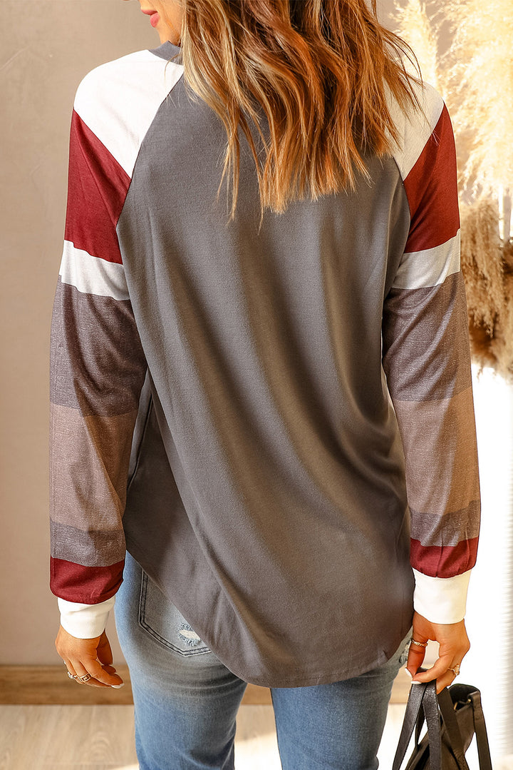Womens Color Block Long Sleeves Gray Pullover Top