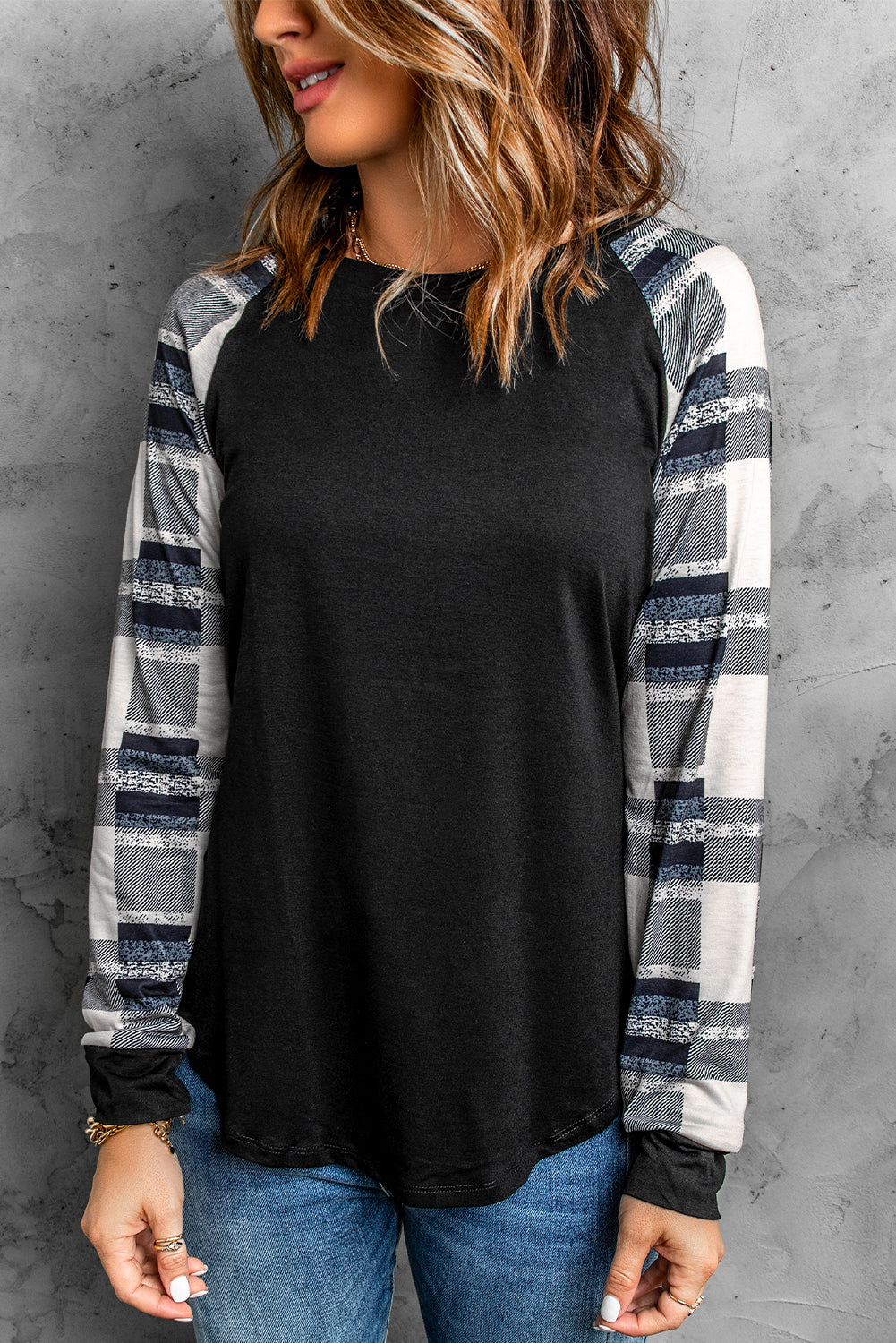 Monochrome Plaid Long Sleeves Black Pullover Top