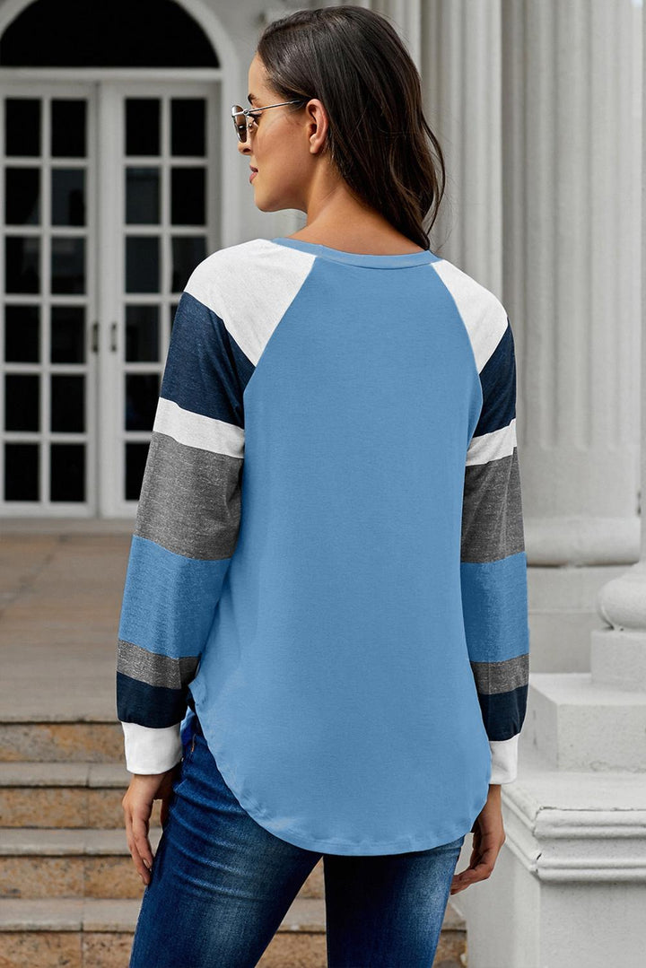 Womens Color Block Long Sleeves Blue Pullover Top